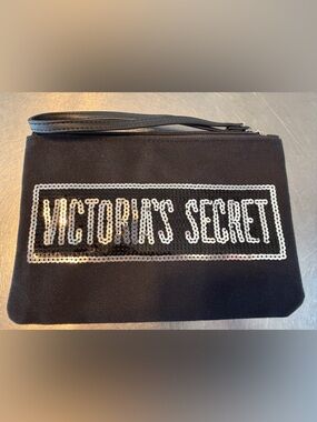 Victoria's Secret Black & Silver Sequin Makeup Cosmetic Travel Bag 9 in x 6 in